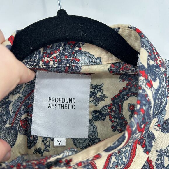 PROFOUND AESTHETIC Cream Red Paisley Print Short Sleeve Button Down Shirt Medium - Picture 7 of 8